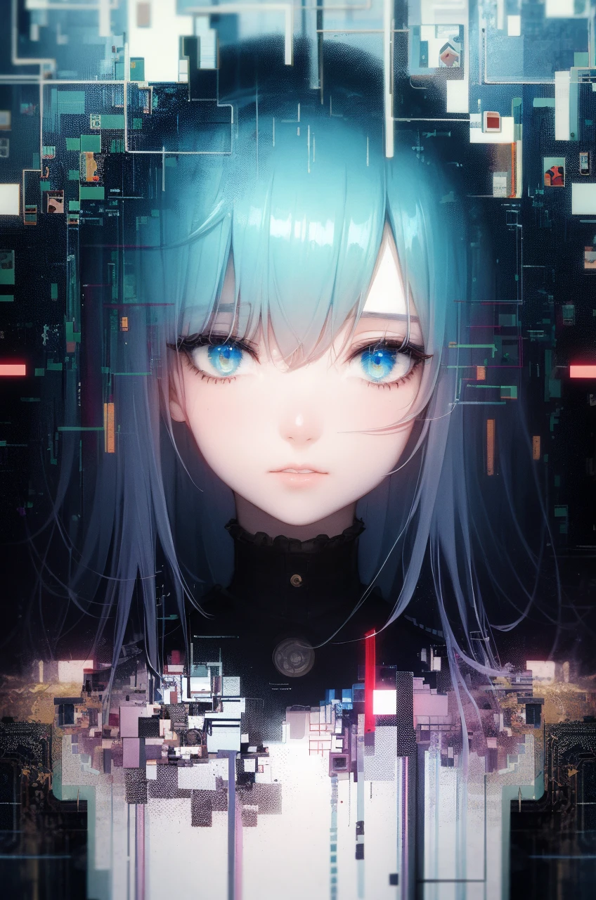 Delicate Composition, masterpiece, hyper detailed, best quality, extreme detailed,(2d:1.3),illustration, 
fussion of abstract and glitch art, 1 girl, solo, iridescent hair, flat chest, (blouse:0.8), (double exposure:1.2), glitch hair, fussion of  glitch and hair,