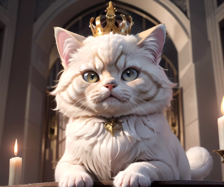 illustration,palace, golden light, shadows, windows, chandelier, close up, complex composition, imposing throne, (Persian cat:1.3), wearing golden crown with crystal carvings, confused expression, cute and playful, detailed fur, luxurious robes, regal pose, overlooking the kingdom, elegant background, candles, flowers, intricate patterns, shimmering tapestries, velvet curtains, dramatic lighting,
BREAK,
(UHD, highres, ultra detailed, intricate details, textural effects, 8k:1.2)