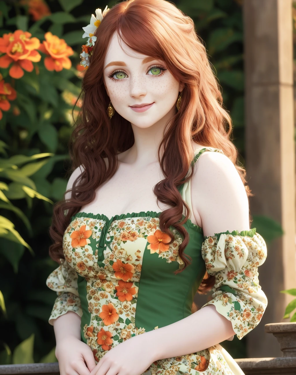 Masterpiece, absurdres, fine detail, HDR, highly detailed face and eyes, photorealistic, smiling,  <lora:ird:0.75>,beautiful ird_woman, fair skin, pale,green eyes, a woman with long red hair and a floral dress , perfect ird_face, perfect ird_body, freckles, curvy body, cowboy shot