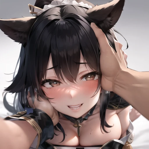 Score_9, Score_8_up, Score_7_up, Score_6_up, Score_5_up, Score_4_up, source_anime, 1girl, karyl, animal ear fluff, animal ears, black hair, black ribbon, cat ears, cat girl, cat tail, fang, green eyes, hair bow, long hair, low twintails, multicolored hair, purple bow, ribbon, skin fang, streaked hair, tail, twintails, vertical stripes, white hair, standing, penis licking, embarrassed, 