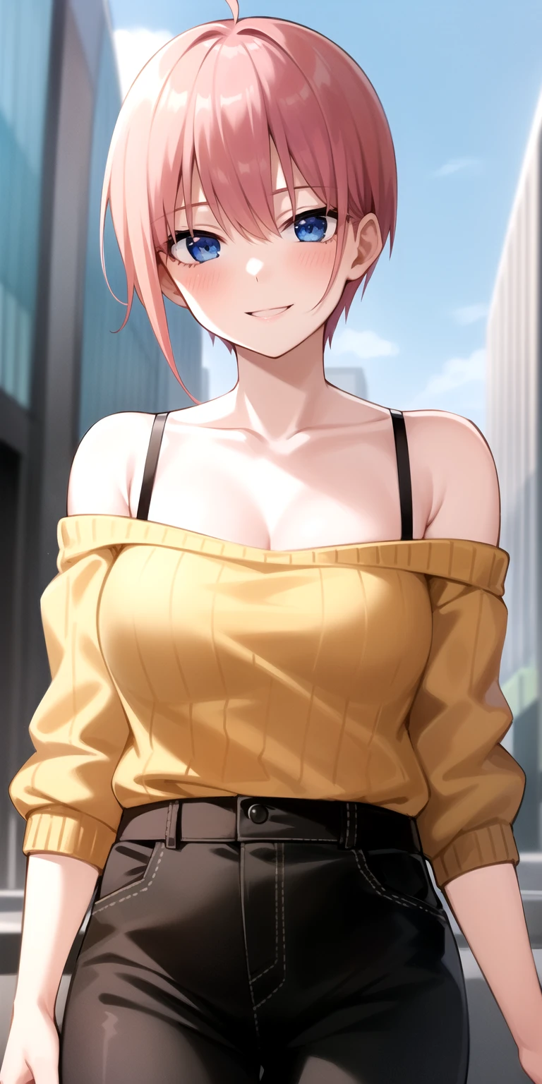 2d, masterpiece, best quality, anime, highly detailed, 1girl, solo, cowboy shot, nakano ichika, pink hair, short hair, yellow sweater, off-shoulder sweater, collarbone, long sleeves, (black bra), medium breasts, smile, outdoors, city<lyco:quintuplets-10-new:1>