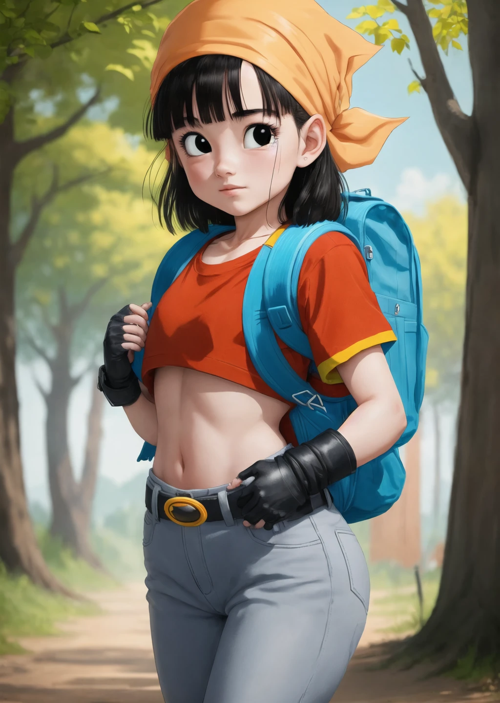 masterpiece, best quality, highest quality, photorealistic, perfect anatomy, perfect face, perfect eyes,
<lora:pandballgt_ex_01:1>, pandballgt, 1girl, black eyes, black hair, short hair, orange bandana, pants, fingerless gloves, red shirt, crop top, backpack, outdoors, child female