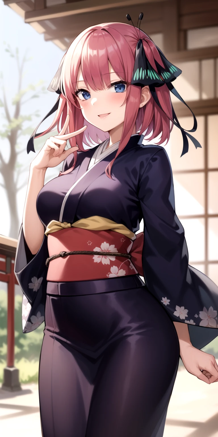 2d, masterpiece, best quality, anime, highly detailed, 1girl, solo, cowboy shot, nakano nino, pink hair, butterfly hair ornament, japanese clothes, purple kimono, medium breasts, smile, east asian architecture<lyco:quintuplets-10-new:1>