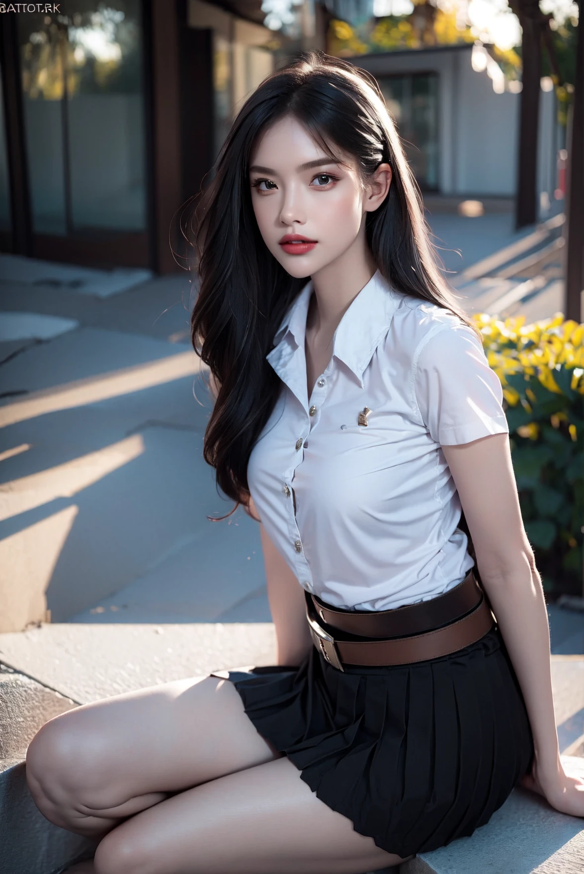 (photorealistic:1.4),Best quality, masterpiece, ultra high res,looking at viewer,libary background
,(ํ1girl),(white shirt short sleeves),((black pleated skirt)),sitting
, <lora:mahalaiuniform-000001:0.8> <lora:mixfaceL2-000001:0.8>