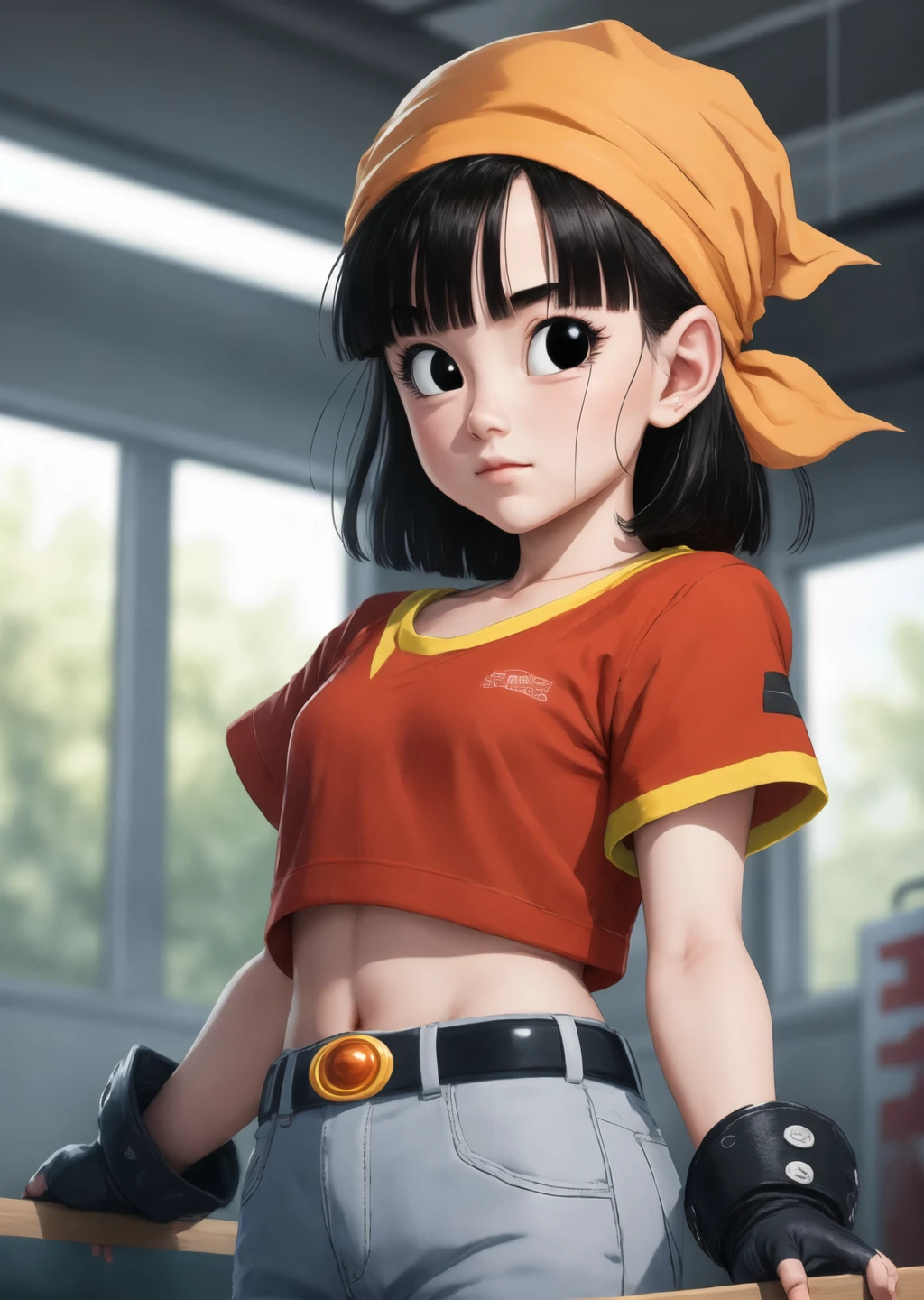 masterpiece, best quality, highest quality, photorealistic, perfect anatomy, perfect face, perfect eyes,
<lora:pandballgt_ex_01:1>, pandballgt, 1girl, black eyes, black hair, short hair, orange bandana, pants, fingerless gloves, red shirt