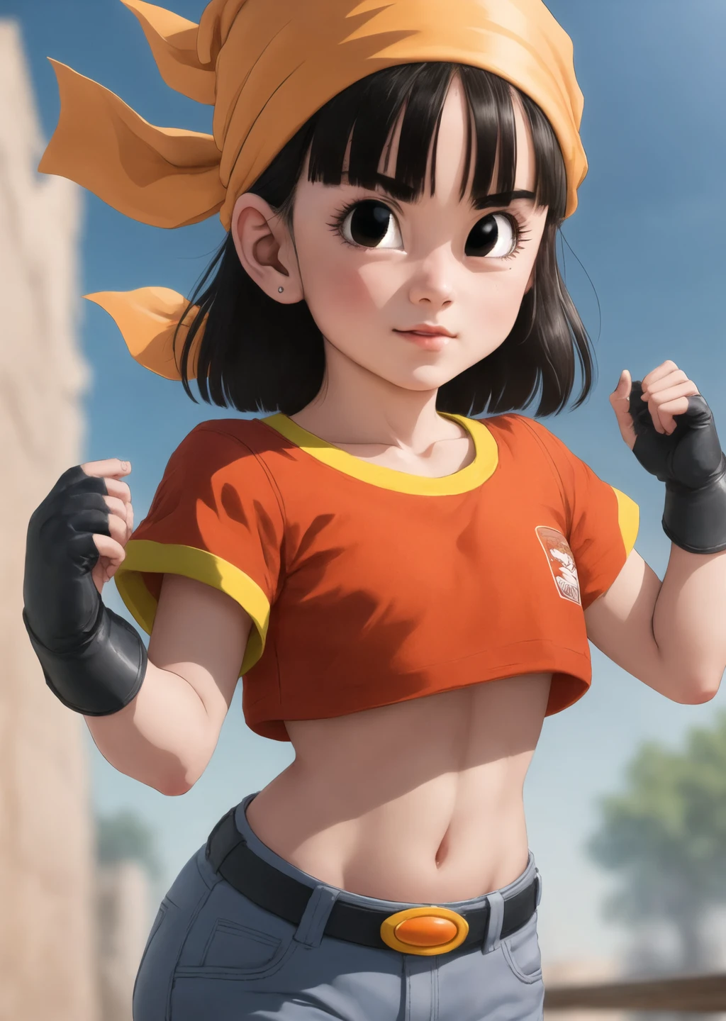 masterpiece, best quality, highest quality, photorealistic, perfect anatomy, perfect face, perfect eyes,
<lora:pandballgt_ex_01:1>, pandballgt, 1girl, black eyes, black hair, short hair, orange bandana, pants, fingerless gloves, red shirt