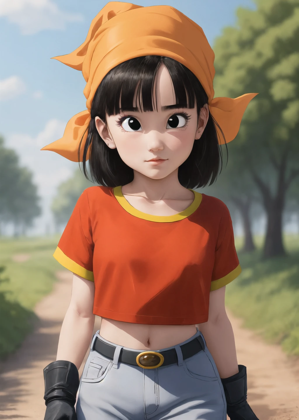 masterpiece, best quality, highest quality, photorealistic, perfect anatomy, perfect face, perfect eyes,
<lora:pandballgt_ex_01:1>, pandballgt, 1girl, black eyes, black hair, short hair, orange bandana, pants, fingerless gloves, red shirt, crop top, outdoors, ***** female