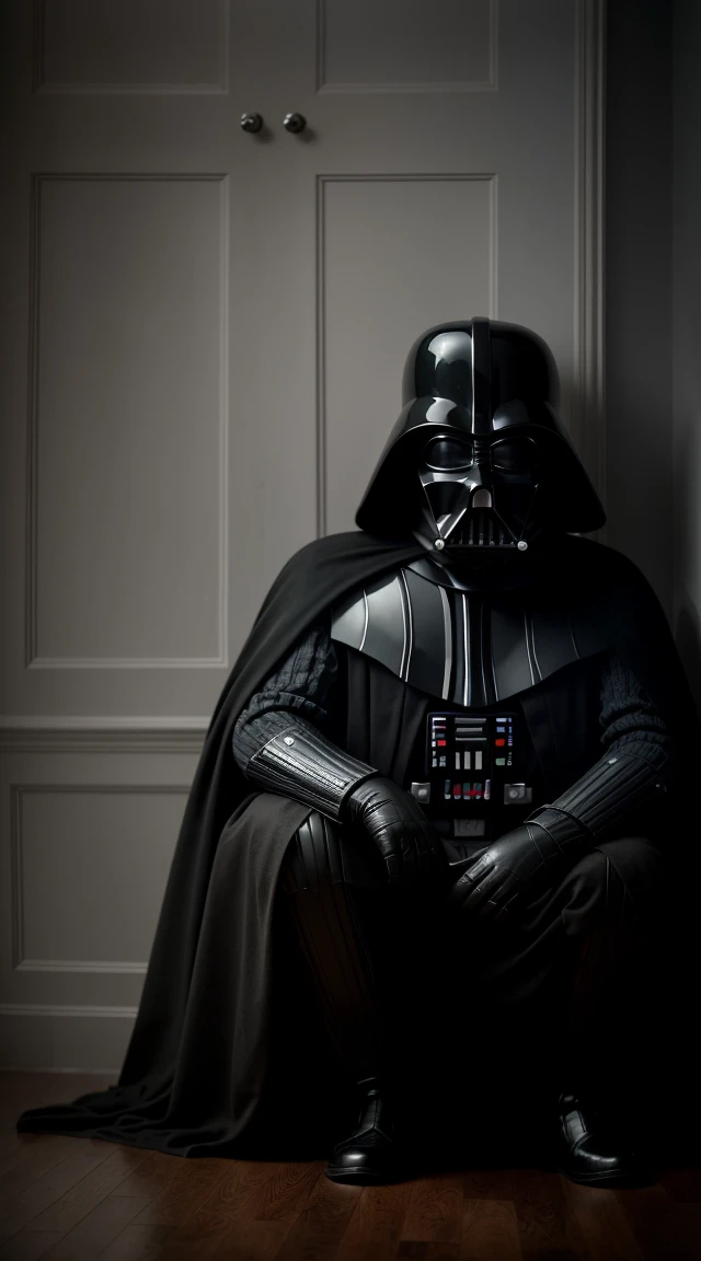 . An old photo of a Darth Vader sitting in a house, vintage style, sepia tone, worn edges, dust, retro, mysterious, eerie, unsettling, low light, grainy texture, aged paper, faded colors, analog camera effect, sci-fi, enigmatic, black and white effect.
