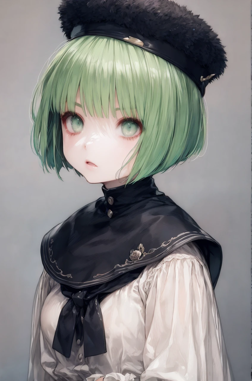 1girl, light green hair, bob cut, hat,   <lora:CuteGothicFashion:1>