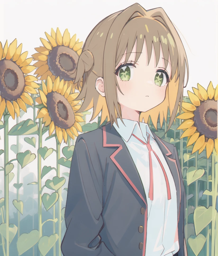 white shirt, red ribbon, OkaAsahi; 1girl, white background, simple background,sunflower, school uniform, jacket, looking at left
<lyco:onimai-cs2-dim8-4-loha-step-30000:1>