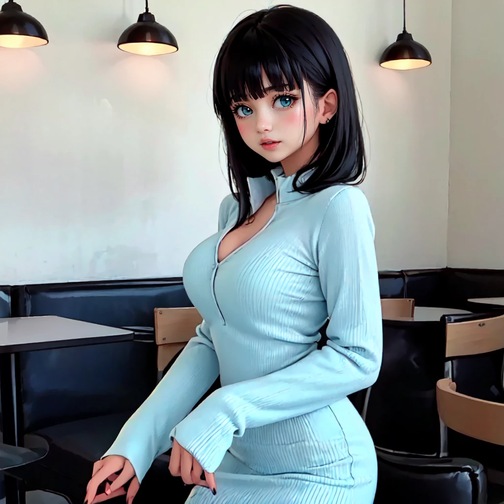 (detailed colorful caf background), masterpiece, best quality, 1girl, green hair, blunt bangs, Long_Sleeve_Body_Con_Dress, light_blue22222, City background
 <lora:body_con_dress_V2-03:0.8>