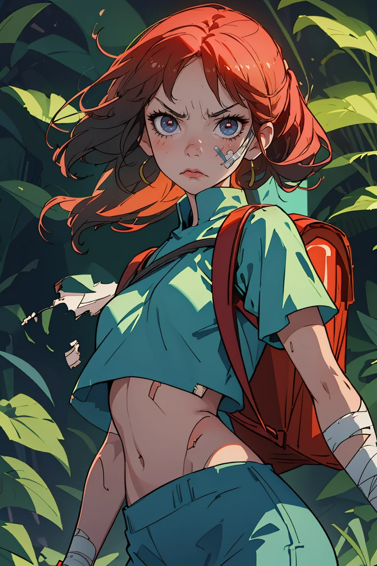 (best quality, masterpiece), 1girl, jungle, crop top, angry, backpack, looking at viewer, injury, bandages