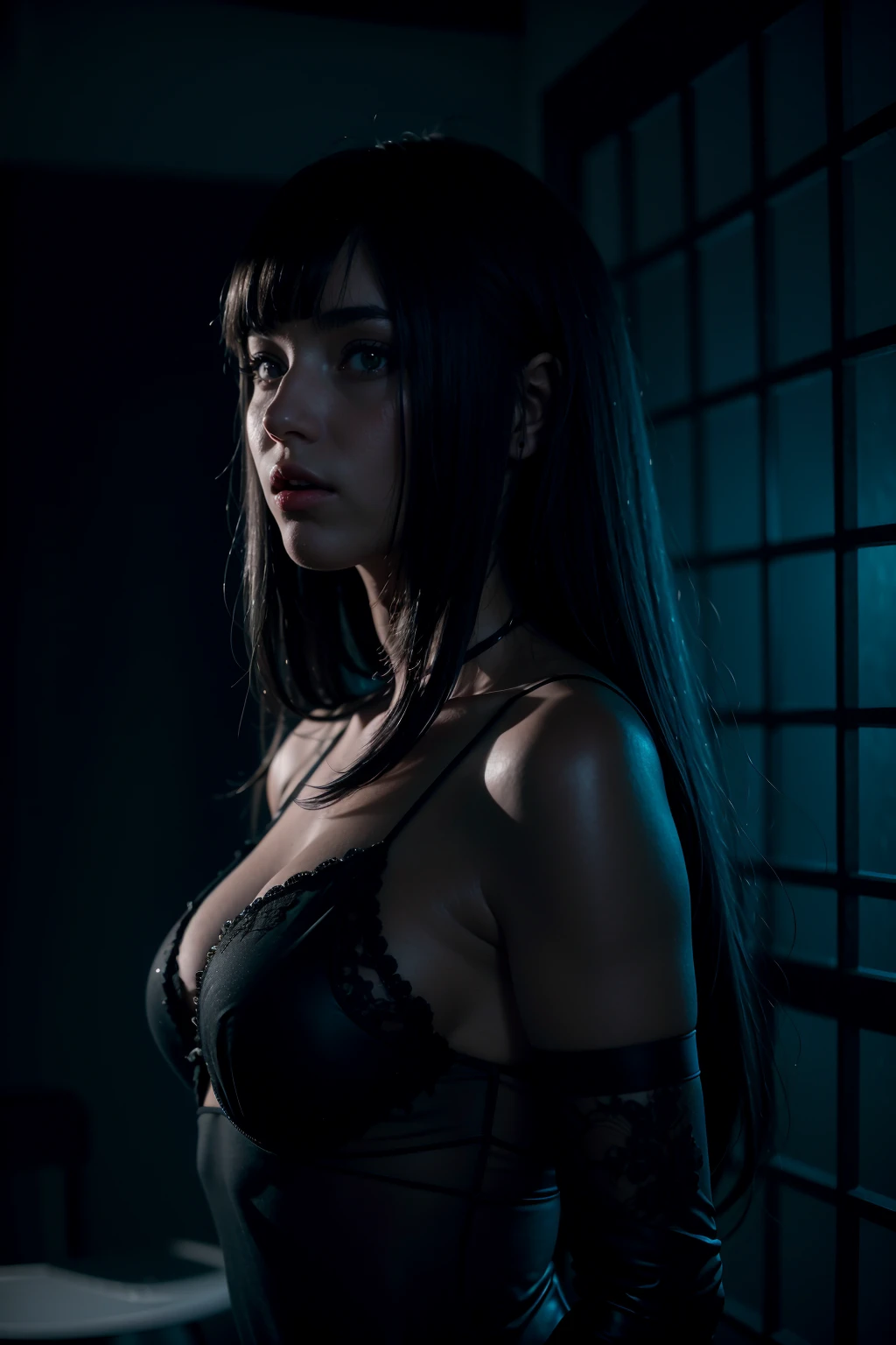 Ray Tracing, realistic, dramatic, 1girl, 21 years old european cute girl, midnight, dark studio, rim lighting, two tone lighting, dimly lit, low key