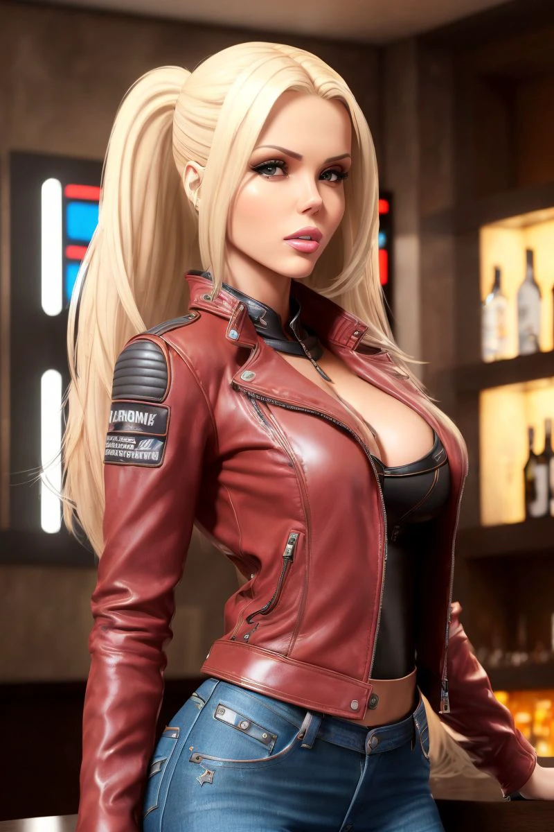 a photo of an attractive S022_KatyaSambuca, in a (bar:1.2), wearing a (leather_jacket:1.2) and (skinny_jeans:1.1), (8k, RAW photo, best quality, ultra high res, photorealistic, masterpiece, ultra-detailed, Unreal Engine)