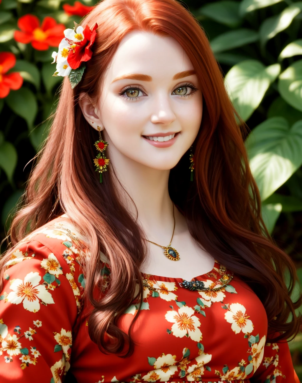 Masterpiece, absurdres, fine detail, HDR, highly detailed face and eyes, photorealistic, smiling, <lora:ird:0.75>,beautiful ird_woman, a woman with long red hair and a floral dress , perfect ird_face, perfect ird_body