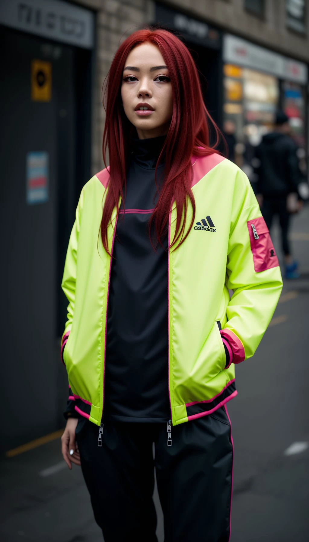 1girl, film, mm, photo,  floating hair, fashion, jackect, techwear, red hair, looking at viewer,