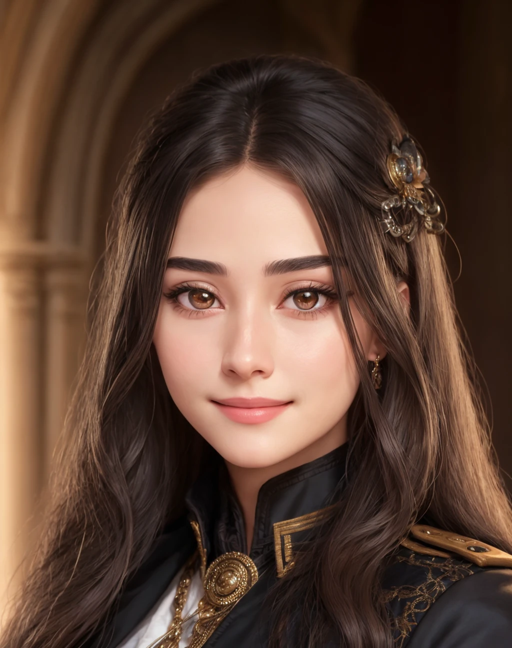 Masterpiece, absurdres, fine detail, HDR, highly detailed face and eyes, photorealistic,smiling, <lora:tkd:0.75>, beautiful tkd_woman, a woman with long hair and a black jacket , perfect tkd_face, perfect tkd_body