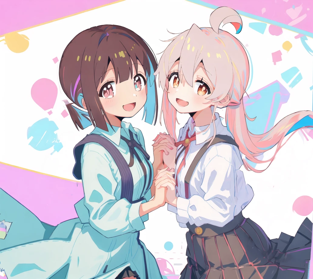 HozukiMomiji; OyamaMahiro;  white shirt, 2girls, multiple girls, hair between eyes, heart,   outline, short hair, multicolored background, simple background, smile, skirt, short ponytail, dress, looking at viewer,   brown hair, blue hair, ahoge, white shirt, pink hair, wing collar, long hair,  white outline, holding hands, suspender skirt, d, open mouth, shirt
<lyco:onimai-cs2-dim8-4-loha-step-30000:1>