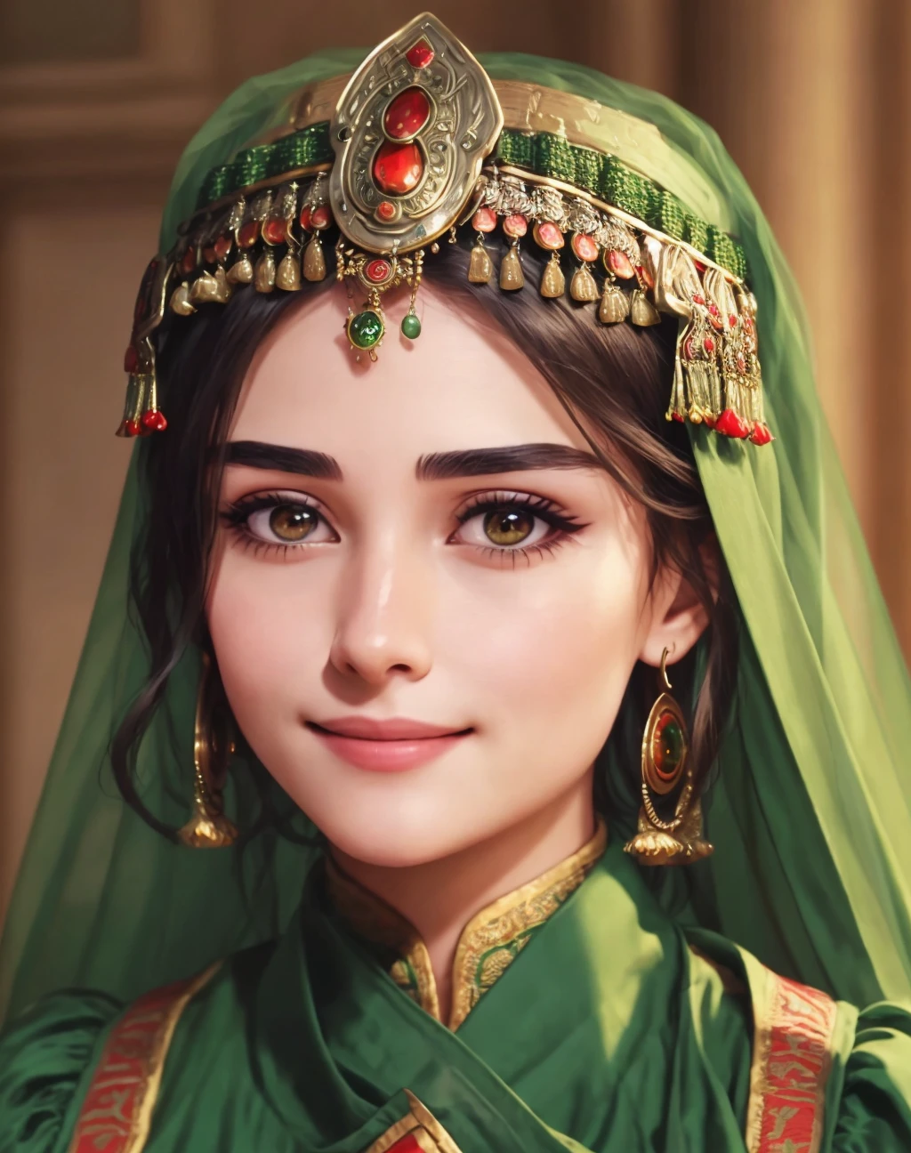 Masterpiece, absurdres, fine detail, HDR, highly detailed face and eyes, photorealistic,smiling,  <lora:tkd:0.75>,beautiful tkd_woman,  a woman in a green dress and a green headdress , perfect tkd_face, perfect tkd_body