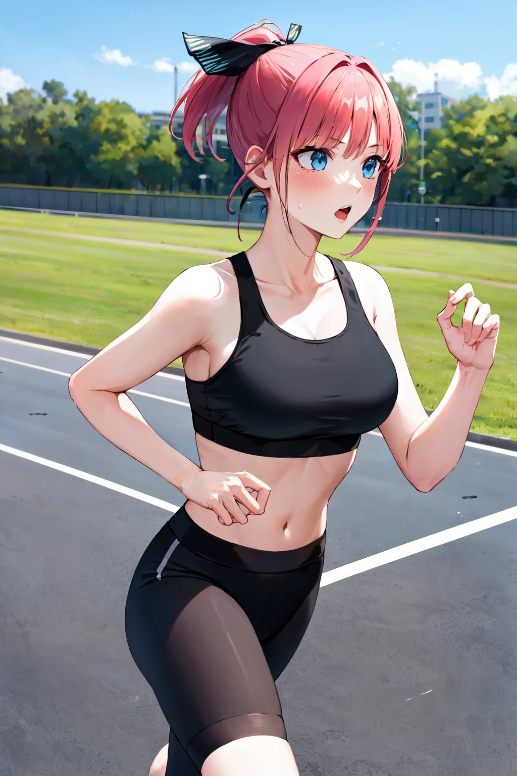 masterpiece, best quality, highres, nn1, 1girl, hair ribbon, short hair, ponytail, <lora:nakano_nino_v10:0.8>, black legwear, sports bra, park, running,