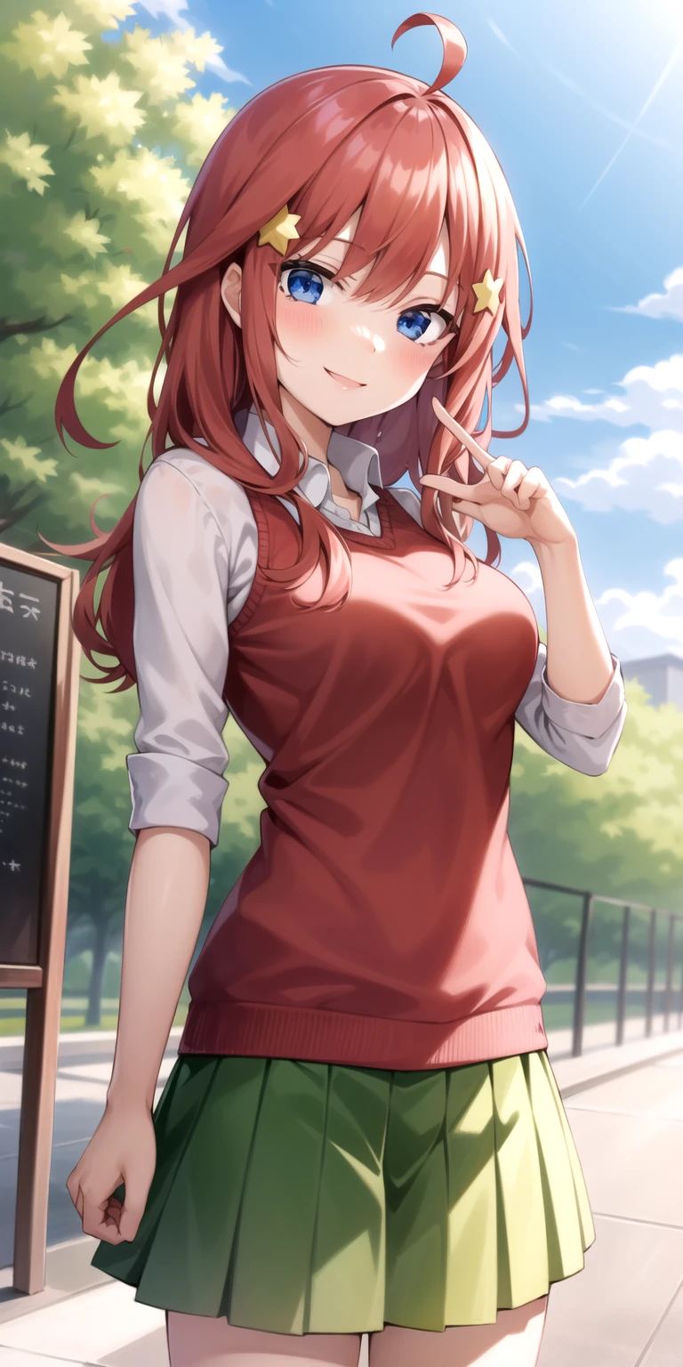 2d, masterpiece, best quality, anime, highly detailed, 1girl, solo, cowboy shot, nakano itsuki, red hair, long hair, star hair ornament, ahoge, red sweater, collared shirt, green skirt, miniskirt, medium breasts, standing, school, outdoors, smile<lyco:quintuplets-10-new:1>