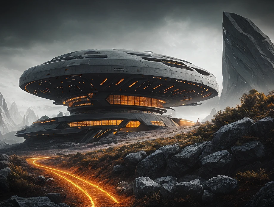 <lora:detailia_yiu_v20:0.3>, nature, epic futuristic base in the center, dark, fade, warm, glow at night, raw, hdr, (otherworldly alien dimension:1.3), cinematic, slate grey, dramatic light, architecture