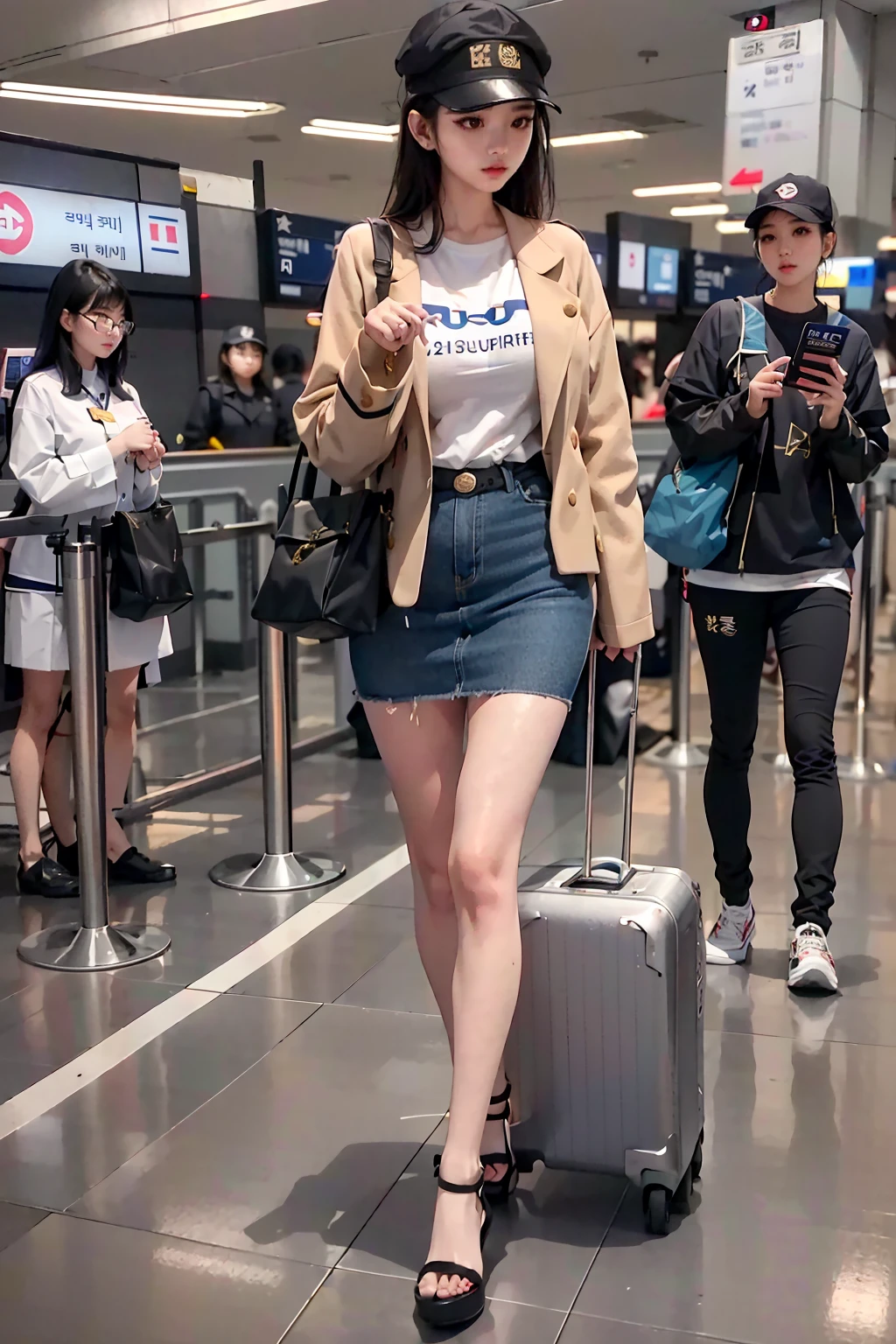 dramatic, 1girl, 21 years old korean cute girl, (large breasts), (Airport, Runway, Terminal, Boarding pass, Security checkpoint, Baggage claim, Duty-free shop)