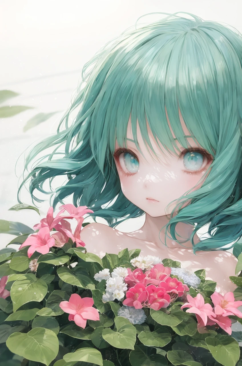 1girl, aqua hair, hair pink flowers, tabi, <lora:CuteGothicFashion:1>