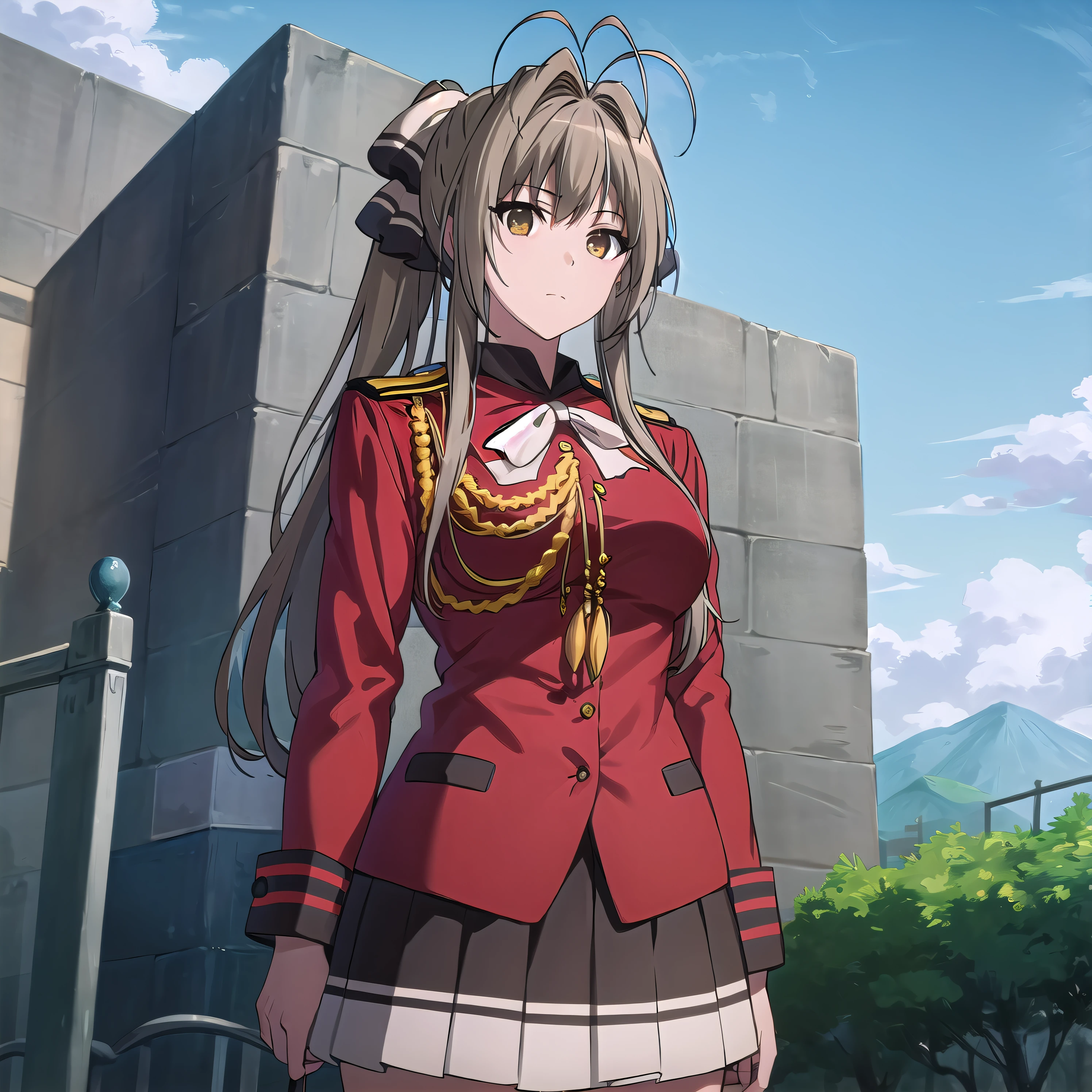best quality, (masterpiece:1.2), highly detailed, outdoors,
1girl, solo, <lora:chara_AmagiBrilliantPark_SentoIsuzu_v1:0.8>, sento isuzu, closed mouth, looking at the viewer,
brown hair, long hair, antenna hair, ponytail, brown eyes, ribbon, aiguillette, pleated skirt