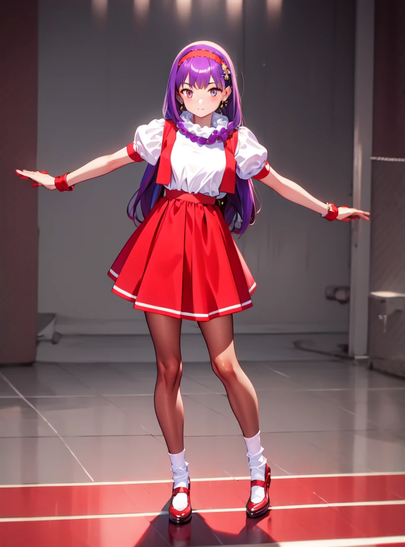 Beautiful face,best quality,highres, (1girl:1.3),solo,,purple hair, long hair, hairband, long hair, 
earrings, (red dress:0.9), puffy short sleeves, white sleeves, wristband,(standing:0.9),(spread legs quality:0.6),full body,  beautlful legs,  (black pantyhose:0.9),white socks,(necklace with 5 purple beads:0.5),  <lora:Athena97:0.9>