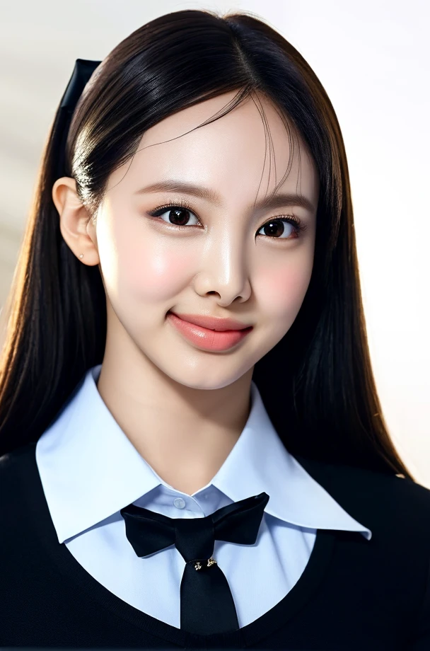 (masterpiece:1.3), (8k, photorealistic, RAW photo, best quality: 1.4), 1girl, beautiful face, (realistic face), (black hair, long hair), bangs, indoor, (realistic eyes), beautiful detailed eyes, long eyelashes, (realistic skin), beautiful skin, grin, slim body, (perfect body:1.3), (detailed body:1.2), (black tie bow), (collared long sleeves shirt), jeans, tucked shirt, absurdres, attractive, ultra high res, ultra realistic, highly detailed, soft lightning, close up, bunnyunnie, twnayeon, <lora:Nayeon_10setps:1>