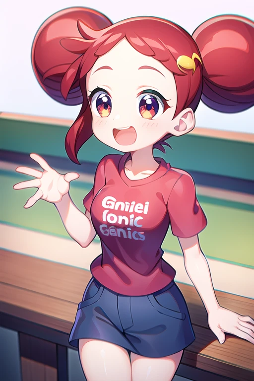 1girl, hrkzdrm_cs, red hair, double bun, musical note hair ornament, shirt, short skirt <lora:harukaze-doremi-casual:0.8>