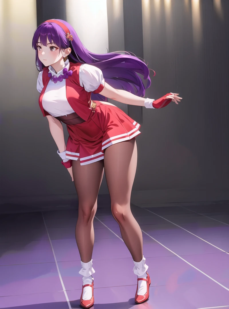 Beautiful face,best quality,highres, (1girl:1.3),solo,,purple hair, long hair, hairband, long hair, 
earrings, (red dress:0.9), puffy short sleeves, white sleeves, wristband,(standing:0.9),(spread legs quality:0.6),full body,  beautlful legs,  (red pantyhose:0.9),white socks,(necklace with 5 purple beads:0.5),  <lora:Athena97:0.9>