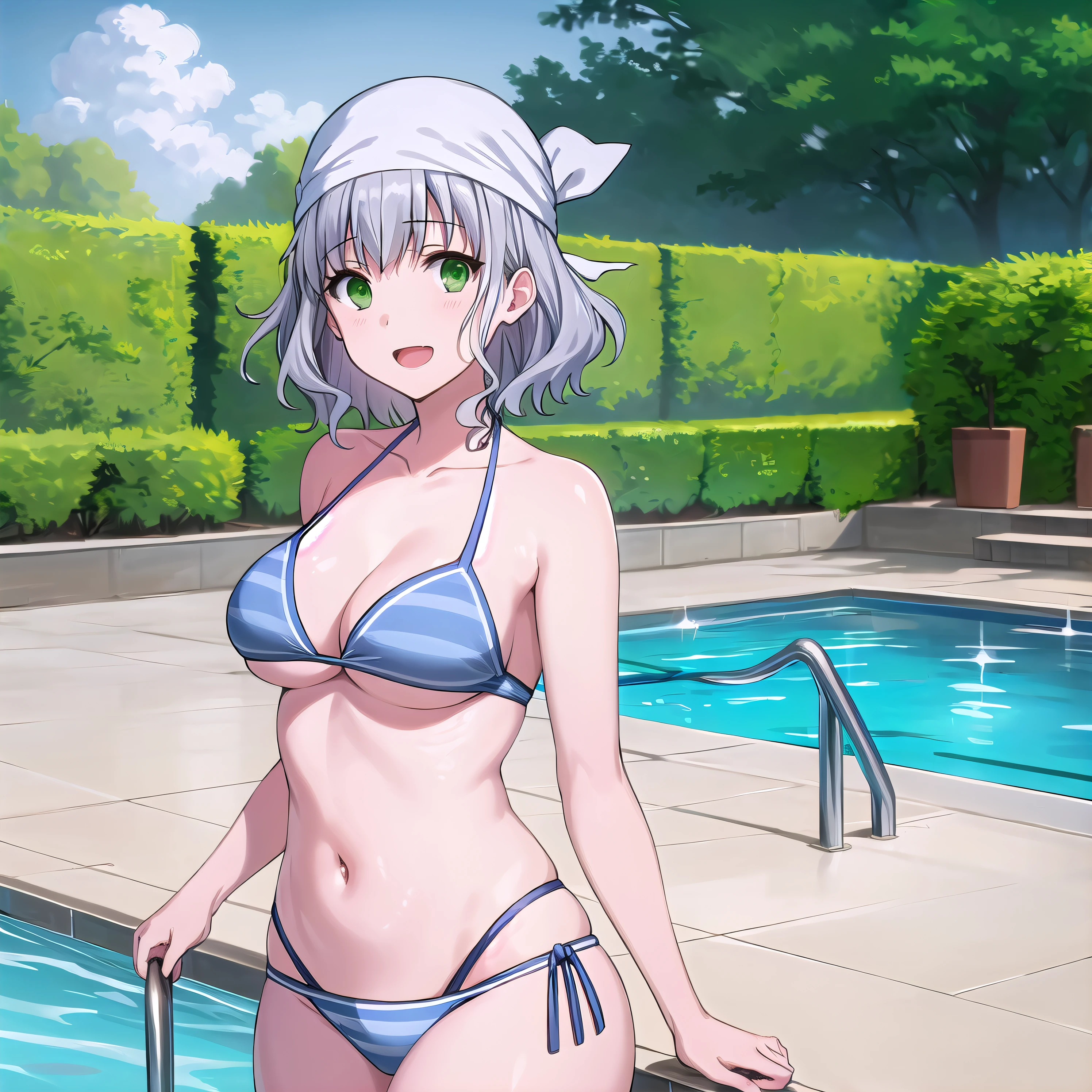 best quality, (masterpiece:1.2), highly detailed, outdoors, pool,
1girl, solo, <lora:chara_AmagiBrilliantPark_Muse_v1:0.8>, muse, open mouth, slight smile, looking at the viewer,
grey hair, short hair, green eyes, stripped bikini, bandana, navel