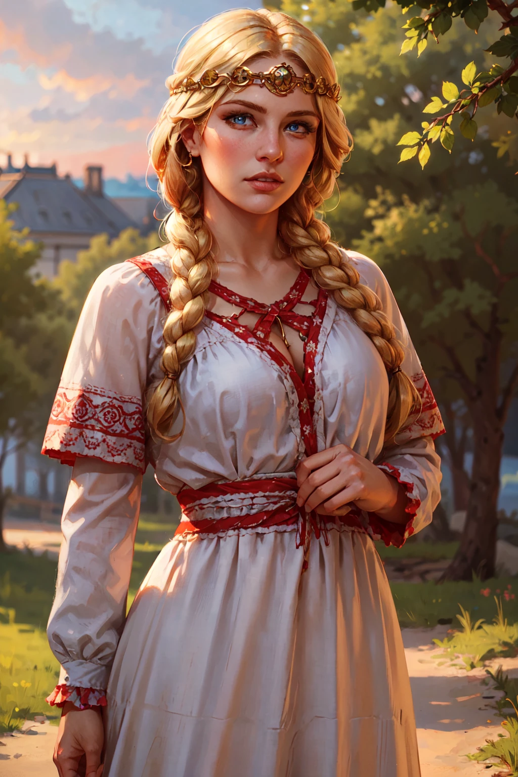 1girl, beautiful lady, blonde hair, braid, glowin blue eyes, white dress with ornate red frills, circlet, outdoors, realistic <lora:sxz-slavic-fantasy:0.7>