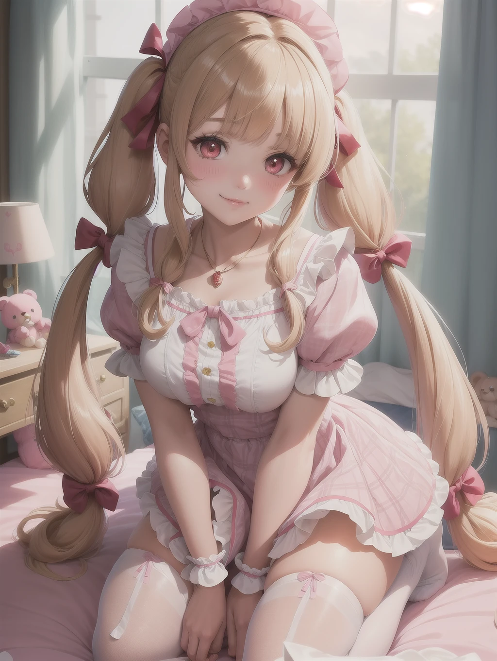 masterpiece,best quality,(solo:1.3),1girl,(tareme:1.2),(full body:1.2),kneeling,leaning forward,bent over,(low-tied_long_hair:1.3),(low twintails:1.2), dress, ribbons,hair ribbon,very long hair,hair ornament,hair flower, smile, looking at viewer, pink headwear,red eyes,symbol-shaped pupils, short sleeves, puffy sleeves, bangs, blush, blunt bangs, puffy short sleeves, jewelry, ribbon, plaid dress, makeup,eyelashes, necklace, wavy hair,(white thighhighs,thighs:1.2),indoors, messy room, window,sweet,girls's room,pink theme,painting \(medium\),teddy bear, stuffed toy, loaded interior,bedroom,(((otaku room)))