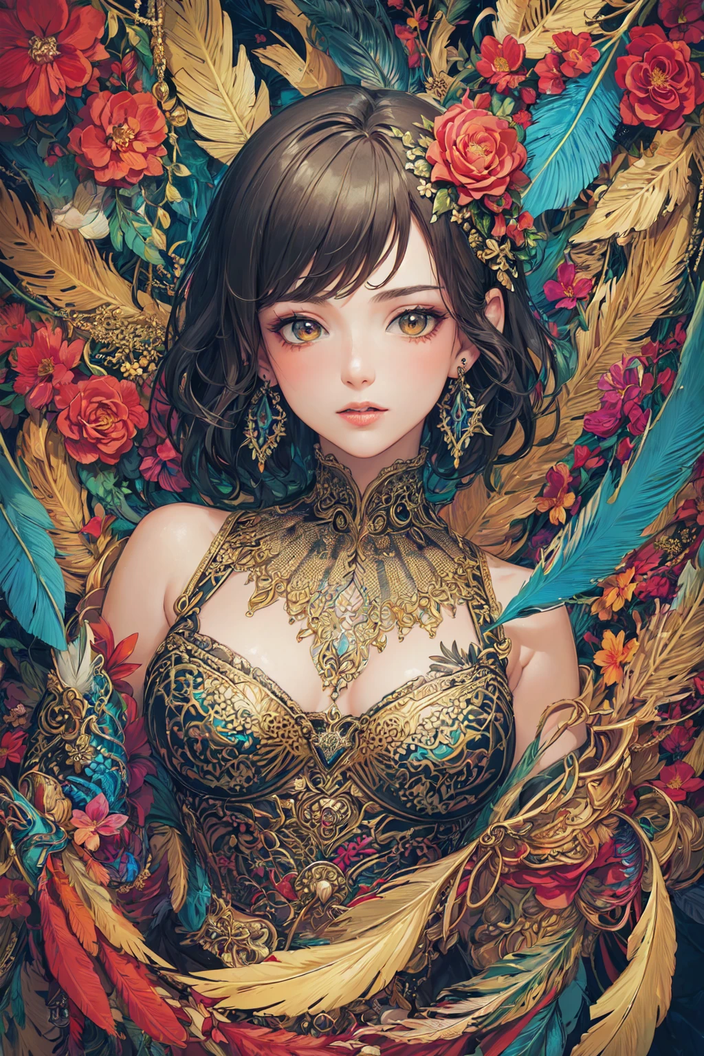 (masterpiece, top quality, best quality, official art, beautiful and aesthetic:1.2), (1girl:1.3), extremely detailed,(fractal art:1.1),(colorful:1.1)(flowers:1.3),highest detailed,(zentangle:1.2), (dynamic pose), (abstract background:1.3),  (shiny skin), (many colors:1.4), ,(earrings:1.4),  (feathers:1.4)