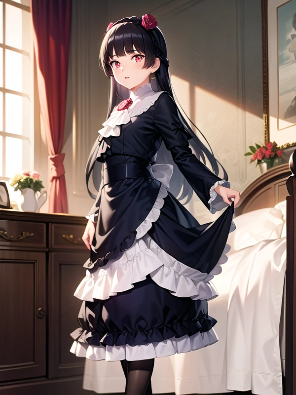 (hyper extreme detailed:0.8),(masterpeace),(hyper extreme),(photorealistic),CG,(colour:1.2), beautiful lighting,light from the front,official art, solo,1girl,standing,indoor,hotel room, <lora:kuroneko_oreimo_V1:1>,gokou ruri, black hair, long hair, straight hair,red eyes, black dress , black pantyhose, pumps,flower hair band,mdiam skirt,