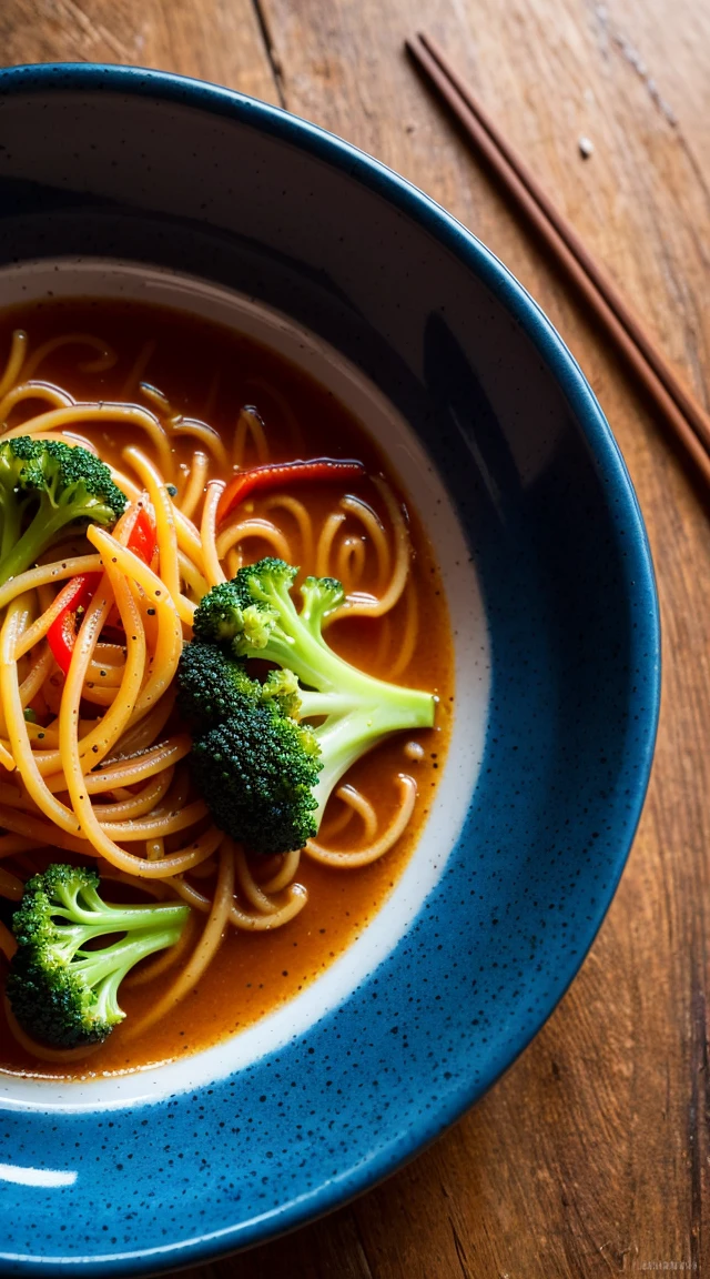 . Photorealistic shot of a bowl of freshly cooked noodles with vibrant green broccoli and colorful peppers on a wooden table, chopsticks and a steamy cup of coffee in the background. Shot with a macro lens for exquisite detail and natural lighting, reminiscent of a food magazine cover. Claude Monet inspired art style with attention to texture and detail, trending on Instagram for its unforgettable composition and colors.