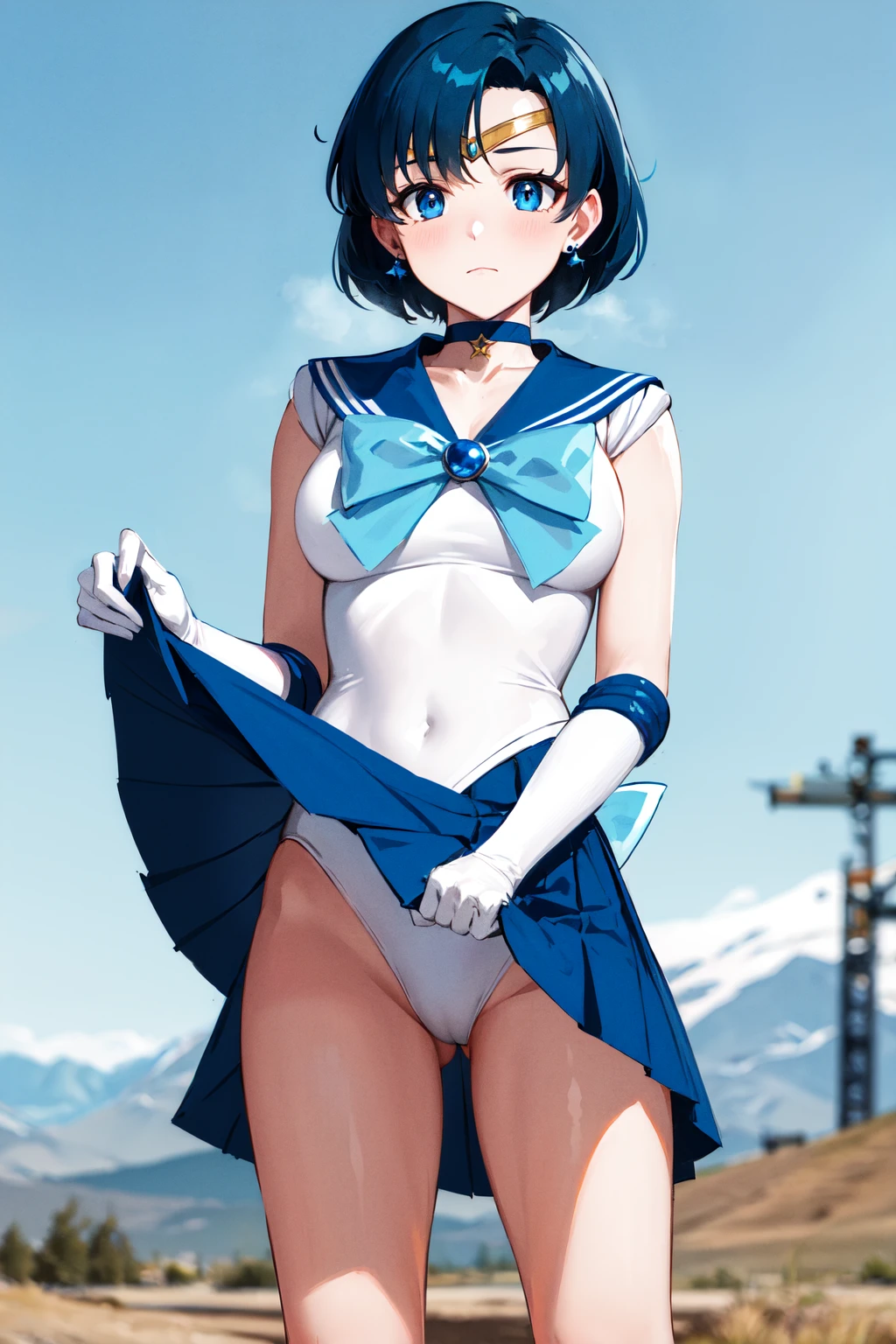 masterpiece, best quality, highres, mer1, tiara, sailor senshi uniform, blue skirt, blue sailor collar, tiara, bow, knee boots, choker, white gloves, blue choker, elbow gloves, jewelry, earrings, pleated skirt, <lora:mercury_v2:0.7>, cowboy shot, standing, (lifted by self:1.2), white leotard, outdoors frown