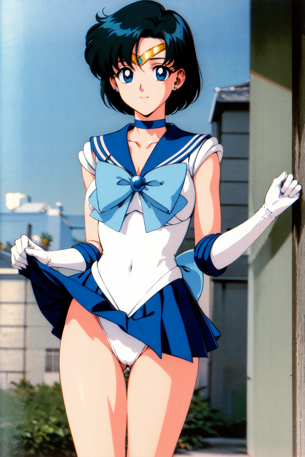 masterpiece, best quality, highres, mer1, tiara, sailor senshi uniform, blue sailor collar, bow, knee boots, choker, white gloves, blue choker, elbow gloves, jewelry, earrings, blue skirt, <lora:mercury_v2:0.7>, cowboy shot, 1990s \(style\), outdoors, lifted by self, white leotard,