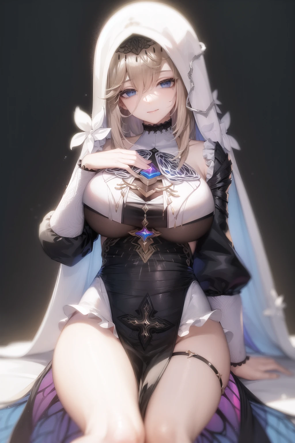 masterpiece, best quality, aponia_outfit, 1girl, solo, looking at viewer, breasts, white background, blue eyes, large breasts, simple background, smile, sitting, nun, veil, black dress, breast curtains, detached sleeves, long sleeves, frills, pelvic curtain, sideless outfit, butterfly dress