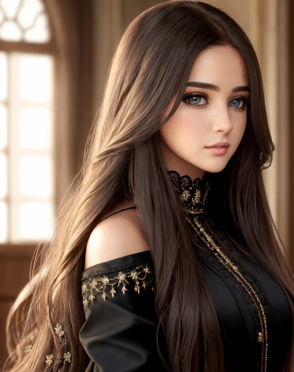 Masterpiece, absurdres, fine detail, HDR, highly detailed face and eyes, photorealistic,excited, <lora:m3d:0.75>, beautiful m3d_woman, a woman with long hair wearing a black dress , perfect m3d_body, perfact m3d_face