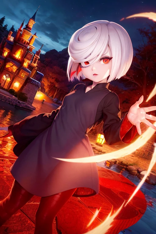 1girl, sageai, red eyes, short hair, hair over one eye, white hair, red hair, multicolored hair, black dress, castle, river <lora:sage_ai:0.7>