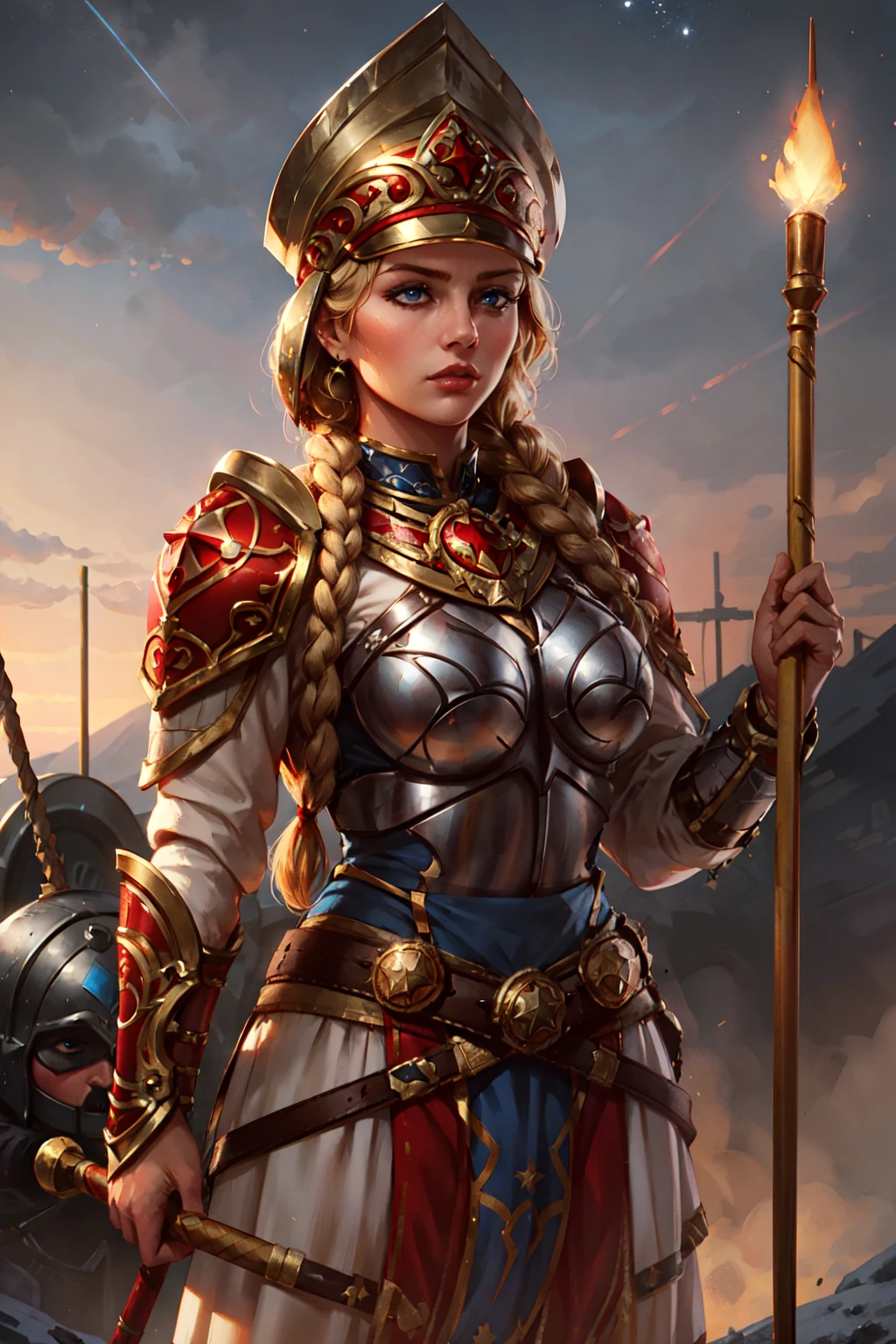 1girl, cowboy shot of beautiful blonde lady, holding polearm, spear, blue eyes, breastplate, ornate white heavy armor, red pauldrons, braid, kokoshnik helmet with glowing star symbol, battle ground, <lora:sxz-slavic-fantasy:0.7>