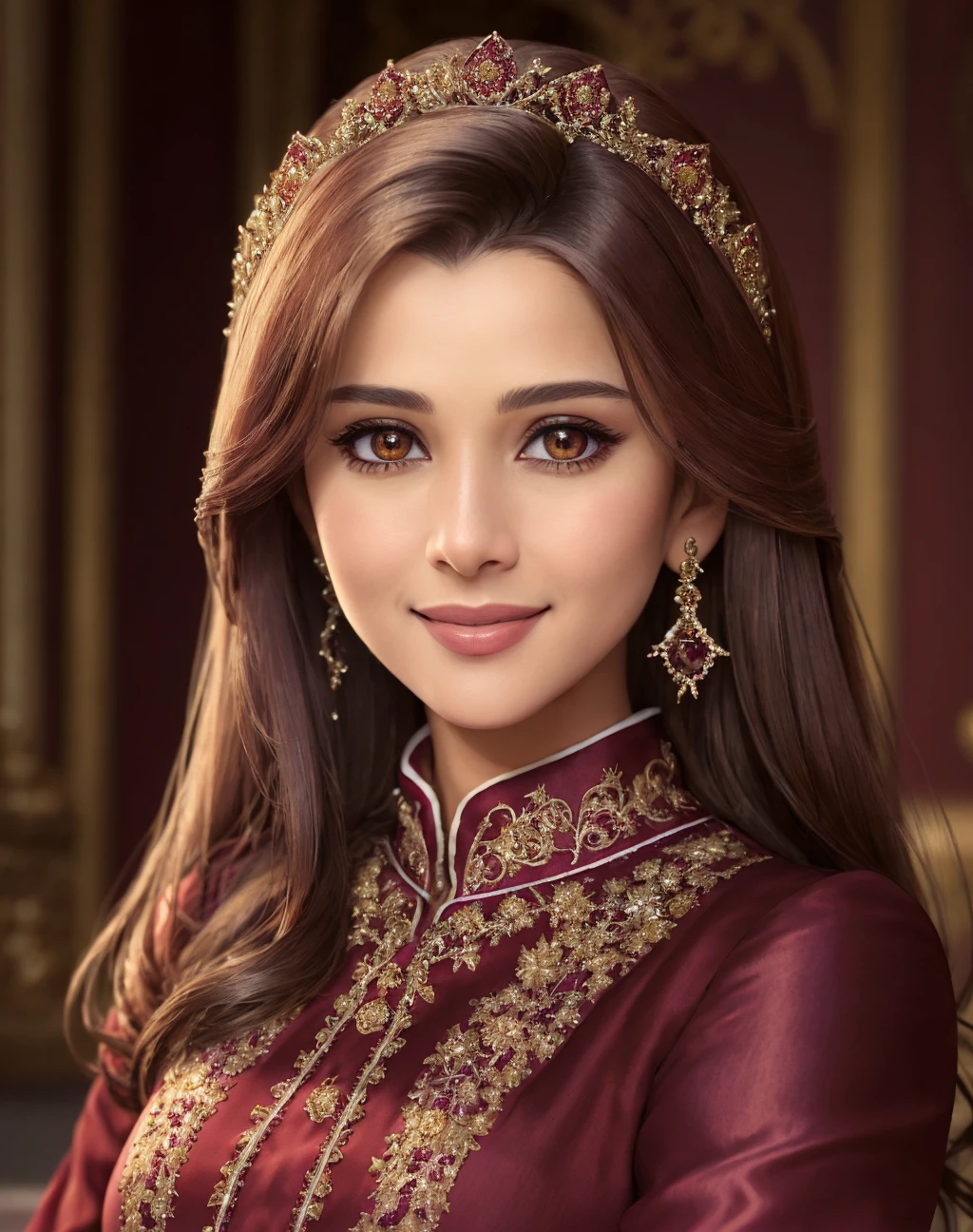 Masterpiece, absurdres, fine detail, HDR, highly detailed face and eyes, photorealistic,excited, <lora:m3d:0.85>, beautiful m3d_woman, a woman in a maroon dress smiling for a picture , perfect m3d_body, perfact m3d_face