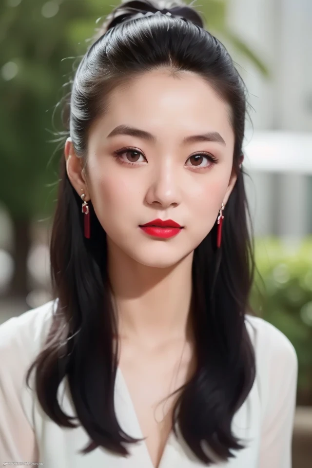 overcoat, red_lips, hair_bun, looking_at_viewer, depth of field,outdoors, sunlight, (1girl:1.6), ulzzang-6500v1.1, (original: 1.2), (realistic: 1.3) , beautiful girl with beautiful details, extremely detailed eyes and face, eyes with beautiful details, absurd, incredibly absurd, huge file size, ultra detail, high resolution, ultra detailed, best quality, masterpiece, illustration, ultra detailed and beautiful, ultra detailed, CG, unity, 8k wallpaper, amazing, fine Detail, masterpiece, top quality, official art, extremely detailed CG unity 8k wallpaper, cinematic lighting, (perfect shiny skin:0.6), slim and smooth lines, (floating), earrings , <lora:Linqingxia_v1:0.5>
