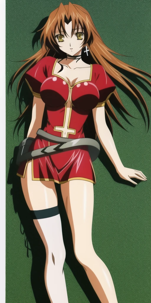 <lora:KGEclair:0.7>, KGEclair, yellow_eyes, large_breasts, EclairRedOutfit, cross_earrings, single_thighhigh