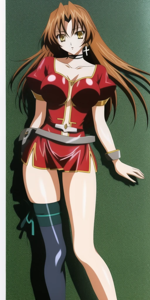 <lora:KGEclair:0.7>, KGEclair, yellow_eyes, large_breasts, EclairRedOutfit, cross_earrings, single_thighhigh, thighhighs
