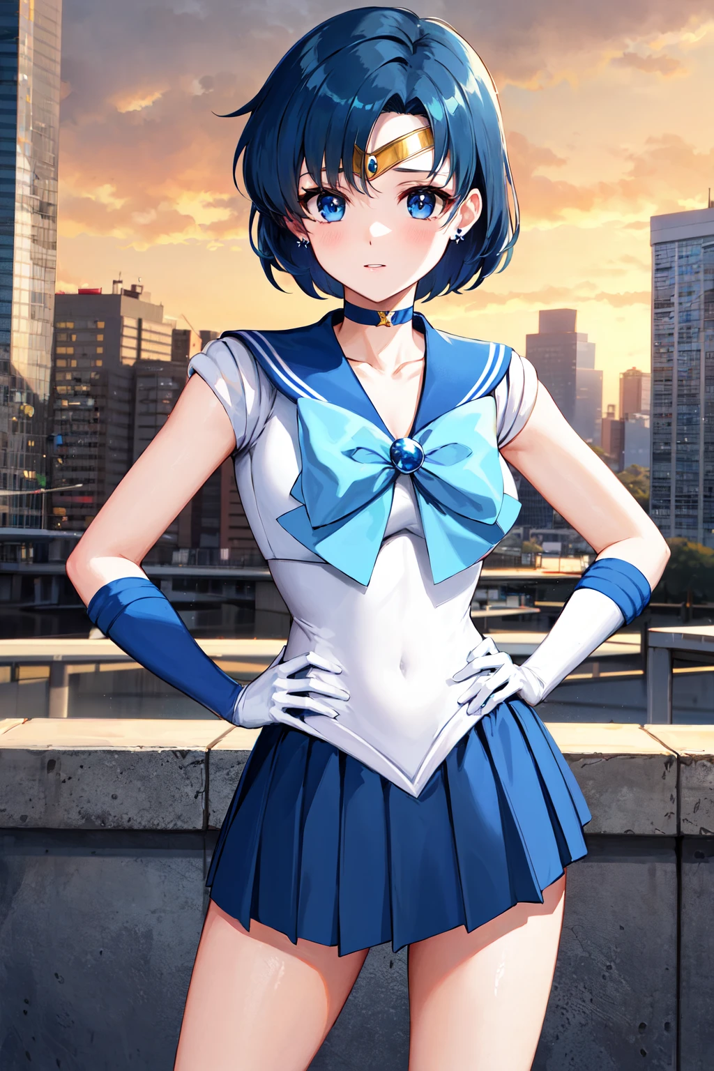 masterpiece, best quality, highres, mer1, tiara, sailor senshi uniform, blue skirt, blue sailor collar, tiara, bow, knee boots, choker, white gloves, blue choker, elbow gloves, jewelry, earrings, pleated skirt, <lora:mercury_v2:0.7>, cowboy shot, hand on hip, city